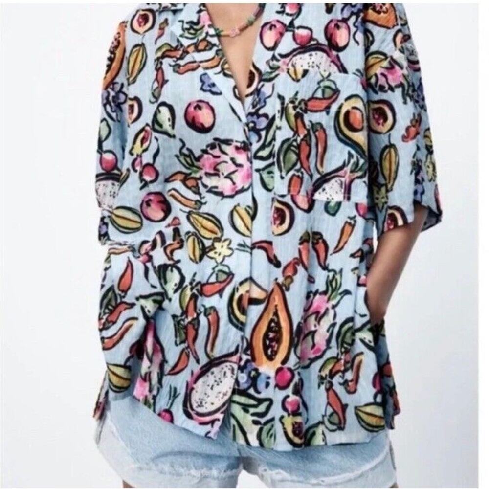 ZARA - Fruit Print Oversized Button Down - Size M - Multicolor